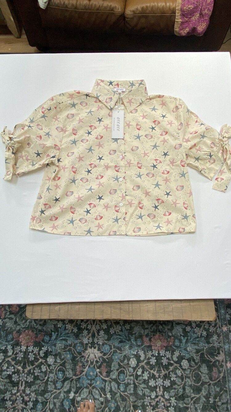 Gee Gee Starfish Seashell Button Down Shirt 1XL NWT Coastal Tie Sleeve